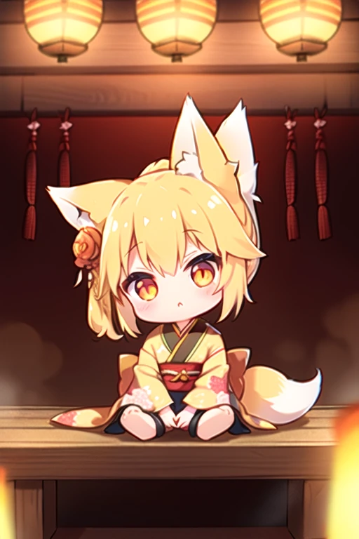 One Girl、Blonde ponytail、Fox Ears、Fox&#39;s Tail、Flower pattern kimono、fox fire、cute、Little、Shrine with lanterns、Shrine Background、Little Chara、(Top quality high resolution)、[[Tangled fingers]]
