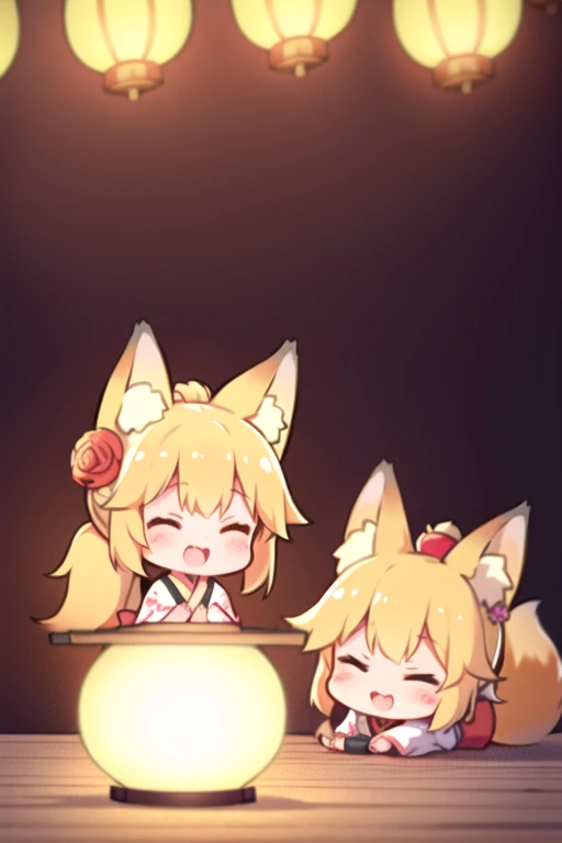One Girl、Blonde ponytail、Fox Ears、Fox&#39;s Tail、Flower pattern kimono、fox fire、cute、Little、Shrine with lanterns、Shrine Background、Little Chara、(Top quality high resolution)、[[Tangled fingers]]
