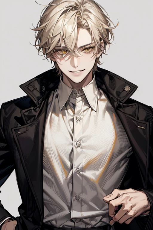 Masterpiece, solo, 1 male, short hair, blond hair, yellow eyes, smirk facial, black and white shirt, black coat