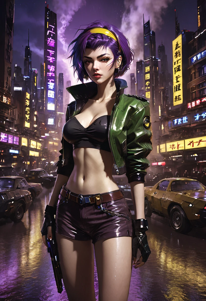 1girl, Faye Valentine, Cowboy Bebop, bob cut, solo, big breasts, green eyes, purple hair, hairband, cbbebop, cbbebop spaceship, (best quality, realistic), futuristic cityscape, neon lights, bounty hunter, space western, intense action, femme fatale, dynamic pose, jazz music, smoke, cigarettes, leather jacket, gun, yellow background, confident expression, stylish outfit, mysterious atmosphere, cyberpunk, sci-fi noir.