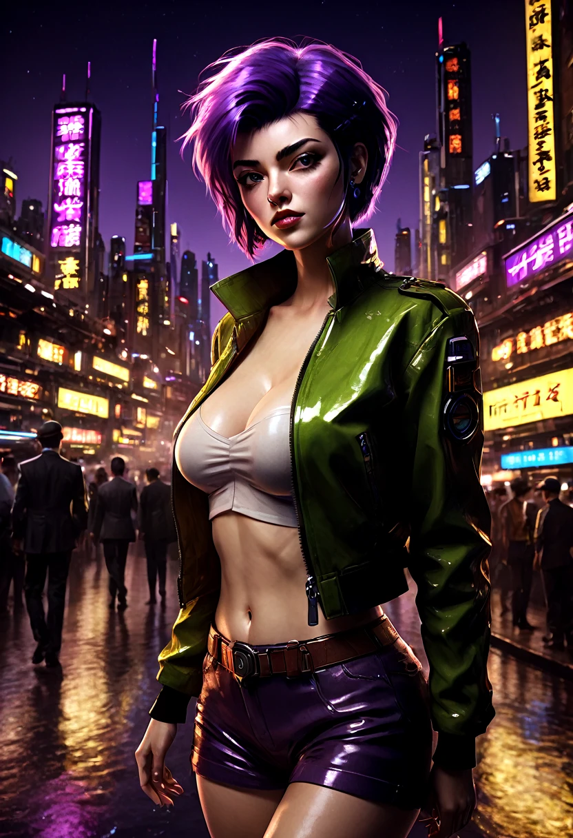 1girl, Faye Valentine, Cowboy Bebop, bob cut, solo, big breasts, green eyes, purple hair, hairband, cbbebop, cbbebop spaceship, (best quality, realistic), futuristic cityscape, neon lights, bounty hunter, space western, intense action, femme fatale, dynamic pose, jazz music, smoke, cigarettes, leather jacket, gun, yellow background, confident expression, stylish outfit, mysterious atmosphere, cyberpunk, sci-fi noir.