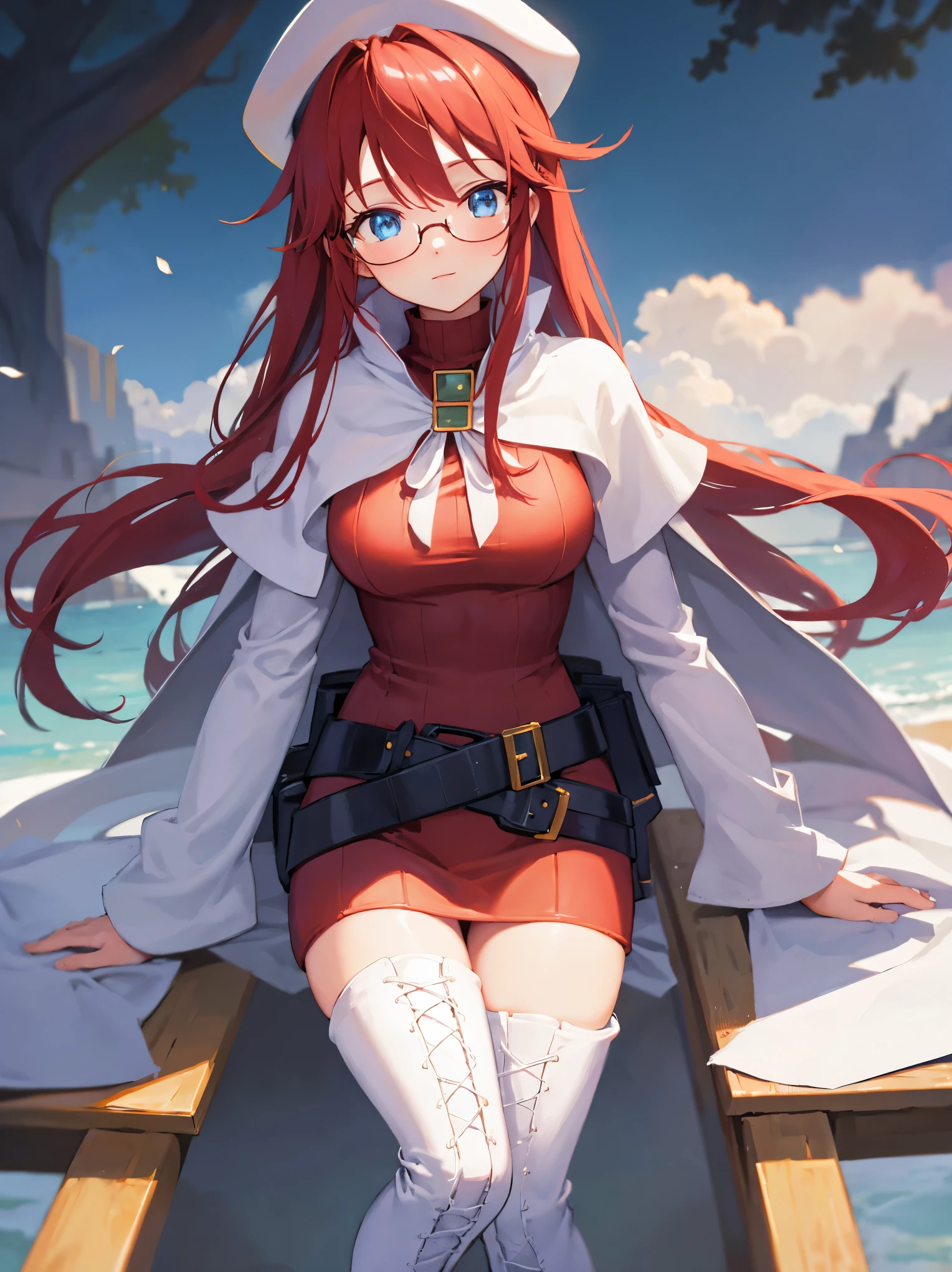 summonnightaty, aty, long hair, blue eyes, red hair, beret, hat, glasses,
BREAK long hair, thighhighs, hat, dress, boots, glasses, belt, cape, sweater, zettai ryouiki, beret, thigh boots, white footwear, ribbed sweater, loose belt,solo,
BREAK outdoors, fantasy,on_a_ship,
BREAK (masterpiece:1.2), best quality, high resolution, unity 8k wallpaper, (illustration:0.8), (beautiful detailed eyes:1.6), extremely detailed face, perfect lighting, extremely detailed CG, (perfect hands, perfect anatomy),covered_nipples,covered_navel,light_smile ,(half_eyes:1.4),sword,armpit,sleepy,dynamic_standing,barrel,red_sweater,apart_legs,magical_effect,pulmp,big_tits,