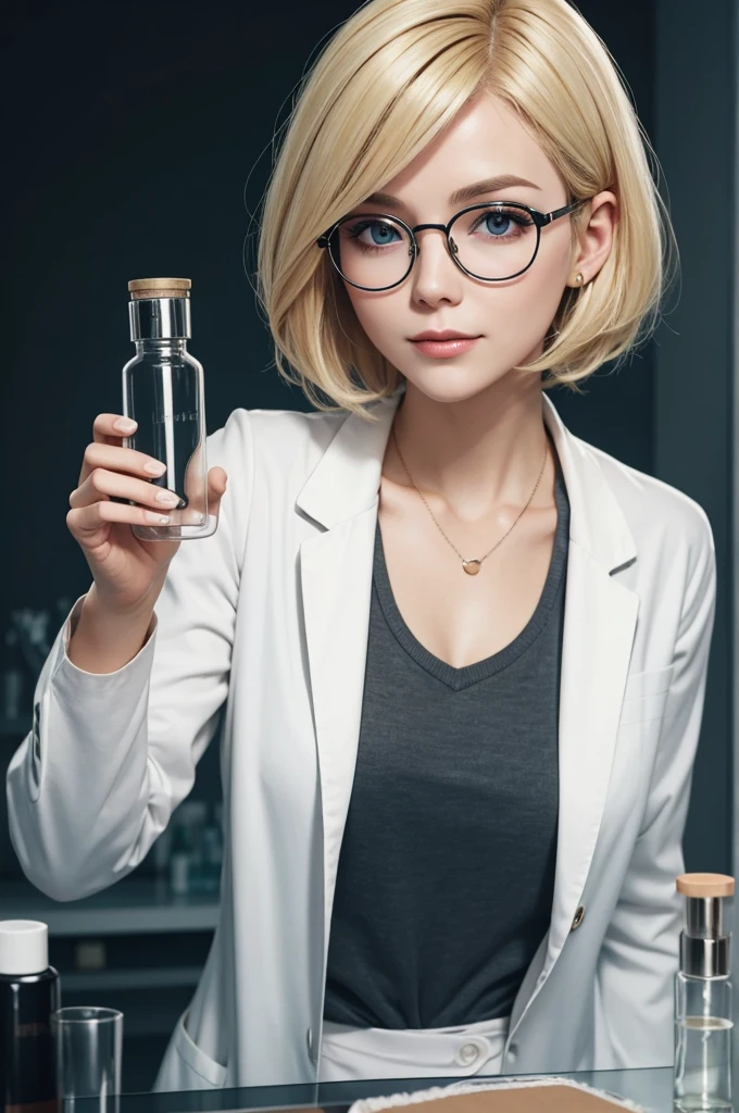 Blonde　Short Bob　Glasses with bottle bottom　Beauty　Science　Scientist　White　flask　live-action