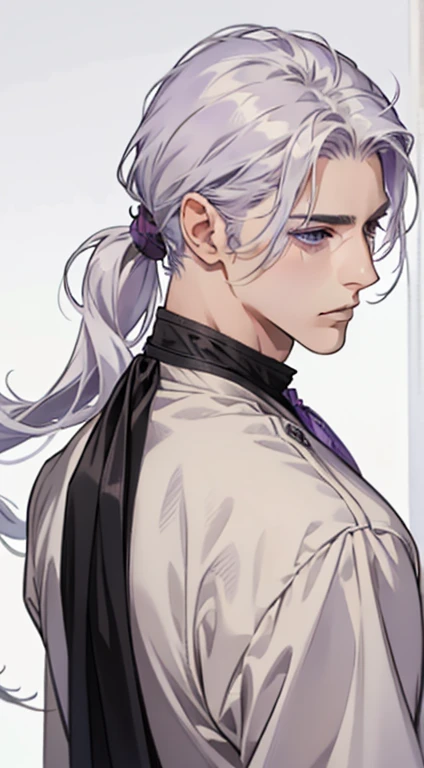 masterpiece, best quality, realistic, 1man, male focus, male model, tall muscular, handsome, closed mouth, simple clothes, portrait,extremely detailed face, low ponytail white hair, flying bangs, purple eyes, white background, simple background, SIDE VIEW, looking at the viewers, view from the back, lavender field, MALE ONLY, MALE