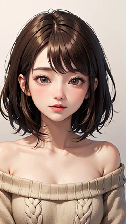 A light blush and a smile, (Masterpiece of the highest quality:1.2) Delicate illustrations, super detailed, /Beautiful Japanese Women、1 person,Very cute and slim、Outstanding style 、((8K images、super high quality))、Very delicate face, Skin and Hair、Red lipstick、short hair、straggling hair,(((((Gradient Hair、brown hair))))),Very cute Japanese cut face、Eyes and nose are clearly visible、Kind eyes,(((Off-the-shoulder sweater、Watching the audience)))、full body shot