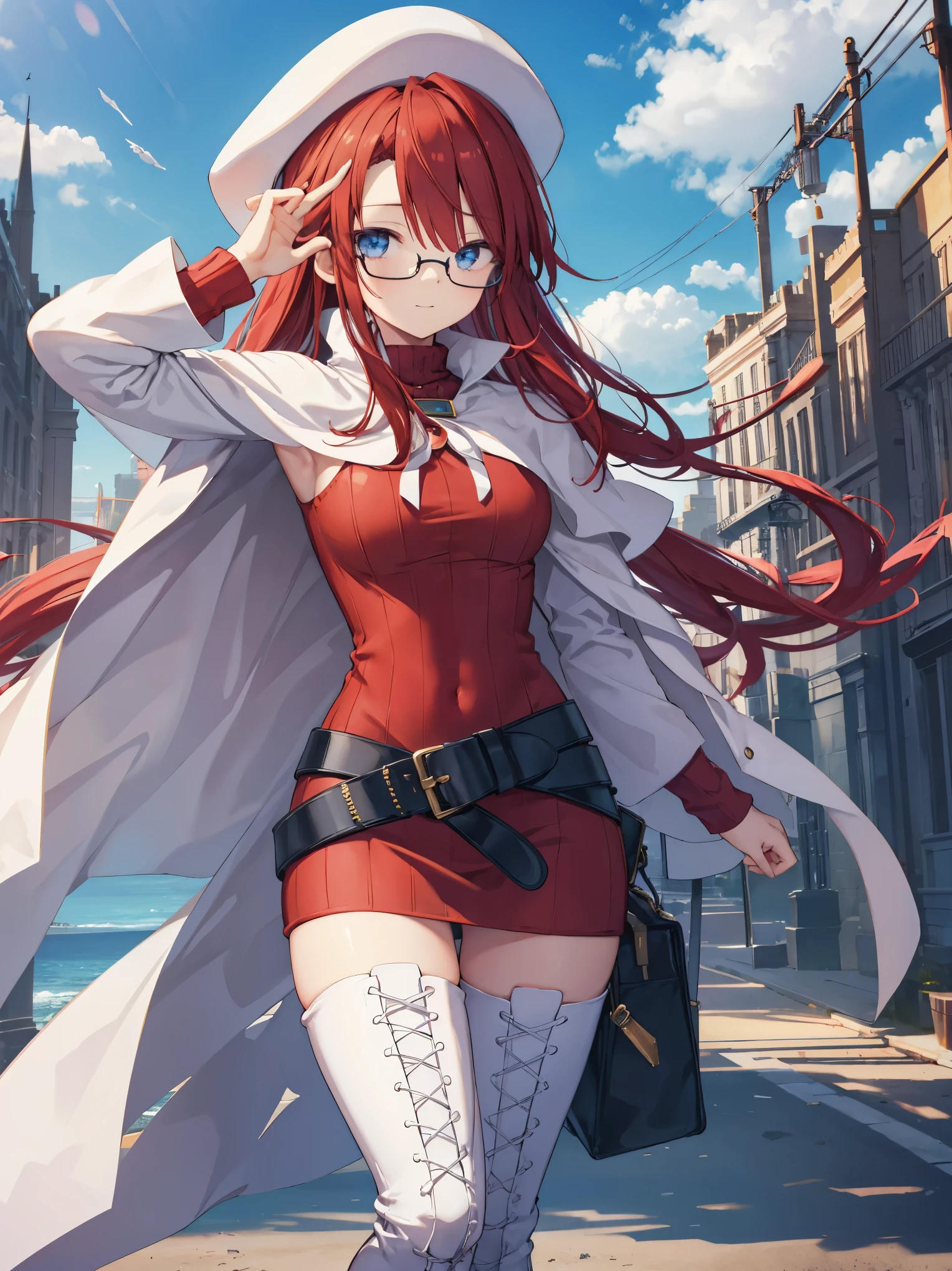 summonnightaty, aty, long hair, blue eyes, red hair, beret, hat, glasses,
BREAK long hair, thighhighs, hat, dress, boots, glasses, belt, cape, sweater, zettai ryouiki, beret, thigh boots, white footwear, ribbed sweater, loose belt,solo,
BREAK outdoors, fantasy,on_a_ship,
BREAK (masterpiece:1.2), best quality, high resolution, unity 8k wallpaper, (illustration:0.8), (beautiful detailed eyes:1.6), extremely detailed face, perfect lighting, extremely detailed CG, (perfect hands, perfect anatomy),covered_nipples,covered_navel,light_smile ,(half_eyes:1.4),sword,armpit,sleepy,dynamic_standing,barrel,red_sweater,apart_legs,magical_effect,pulmp,big_tits,