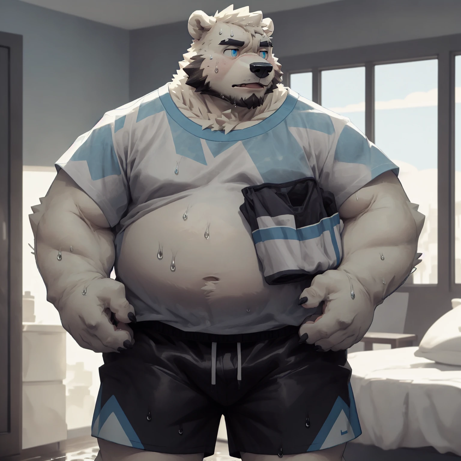 New Jersey 5 Furry,polar bear,Full body portrait of an individual,exquisite, Chubby,Fat,Thick arms,Rugged muscles,Naked from the waist down,White plush fur,Chubby脸,black eyebrows,sky blue eyes,Beard,Bedroom,Wet sweat shirt,Soaked shorts,pant,Sweating