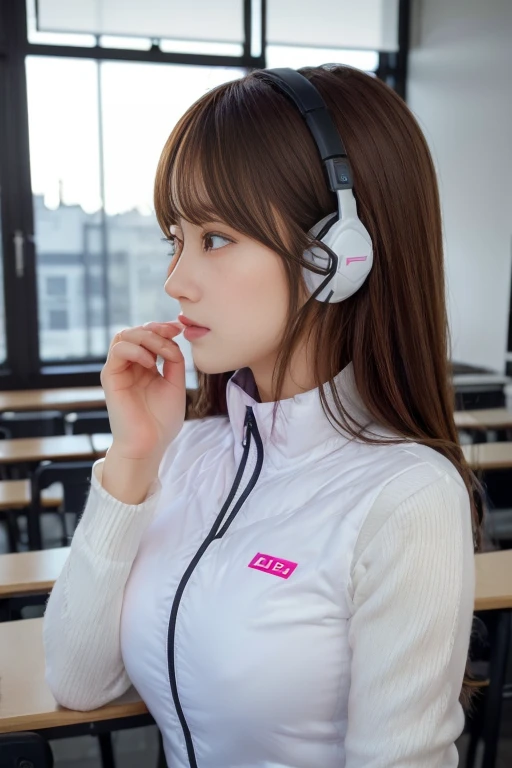 (At S.F.W.), (1 girl:1.3), break, Half Body Shot, Japanese, 17 year old supermodel, high school girl, (From the side), (highest quality:1.4), 32k resolution, (Realistic:1.5), (超Realistic:1.5), High resolution 32k UHD, (masterpiece:1.2)), (Improvement of quality:1.4), (Very beautiful facial details), (highest qualityのリアルな質感の肌:1.4), (Perfect Anatomy:1.2), (Are standing:1.37), break, , ((astrovest:1.15)), ((headphone:1.15)), break, Do not emphasize the top of the bust, ((In a classroom shining in pink:1.15)), Accurate Fingers, Very detailed, Symmetrical eyes, ((View your viewers)),Natural Makeup, ((A good eye for quality:1.2)), (tired, Sleepy and satisfied:0.0), (Beautiful Lips:1.33), (Great nose:1.2), ((Physically Based Rendering of the Background:1.37)), thin:1.2, Flat Chest, (thin lower body), brown hair, (Hairy hair:1.37), Anxious face, Gentle light illuminates your face and body, Professional Cinema Lighting,
