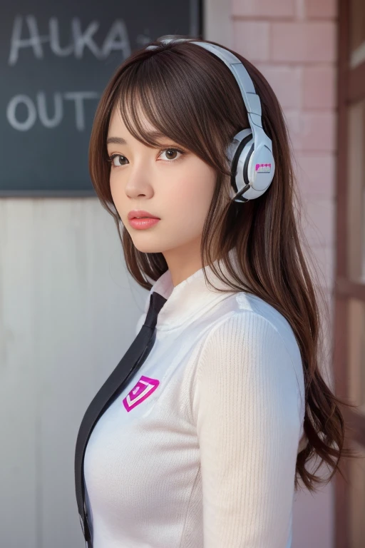 (At S.F.W.), (1 girl:1.3), break, Half Body Shot, Japanese, 17 year old supermodel, high school girl, (From the side), (highest quality:1.4), 32k resolution, (Realistic:1.5), (超Realistic:1.5), High resolution 32k UHD, (masterpiece:1.2)), (Improvement of quality:1.4), (Very beautiful facial details), (highest qualityのリアルな質感の肌:1.4), (Perfect Anatomy:1.2), (Are standing:1.37), break, , ((astrovest:1.15)), ((headphone:1.15)), break, Do not emphasize the top of the bust, ((In a classroom shining in pink:1.15)), Accurate Fingers, Very detailed, Symmetrical eyes, ((View your viewers)),Natural Makeup, ((A good eye for quality:1.2)), (tired, Sleepy and satisfied:0.0), (Beautiful Lips:1.33), (Great nose:1.2), ((Physically Based Rendering of the Background:1.37)), thin:1.2, Flat Chest, (thin lower body), brown hair, (Hairy hair:1.37), Anxious face, Gentle light illuminates your face and body, Professional Cinema Lighting,