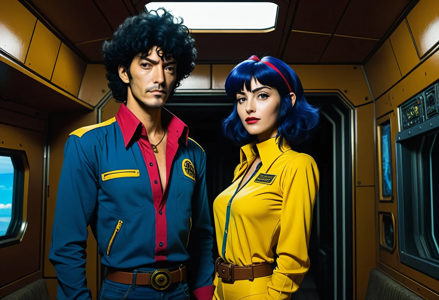 If the heroes of the anime Cowboy Bebop - Spike Spiegel and Faye Valentine were real people and were born and raised in Mexico, in the cabin of a spaceship, fiction, photography, cinematic, full body, full pose