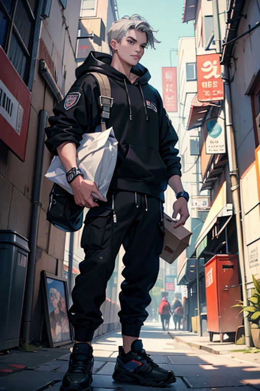 (tmasterpiece,Ultra-high resolution,16k UHD,high qulity),low tune,standing on your feet,looking at viewert,hoody,tmasterpiece,On the doorstep of the apartment,Delivery man,sitted,(Gray hair),Black eyes,ssmile,Seoul,(small heads),Tall man, Masculine face shape,Dregs,Precise anatomy,Precise hand structure,Delivery man's uniform,Delivery trucks,Holding a package in his hand,Unity 16K wallpaper,concept-art,One guy,8K eyeature male))),(short detailed hair),(photorealiscic face:1.8),broad shoulder,slips,(full bodyesbian:1.6),Male 18
