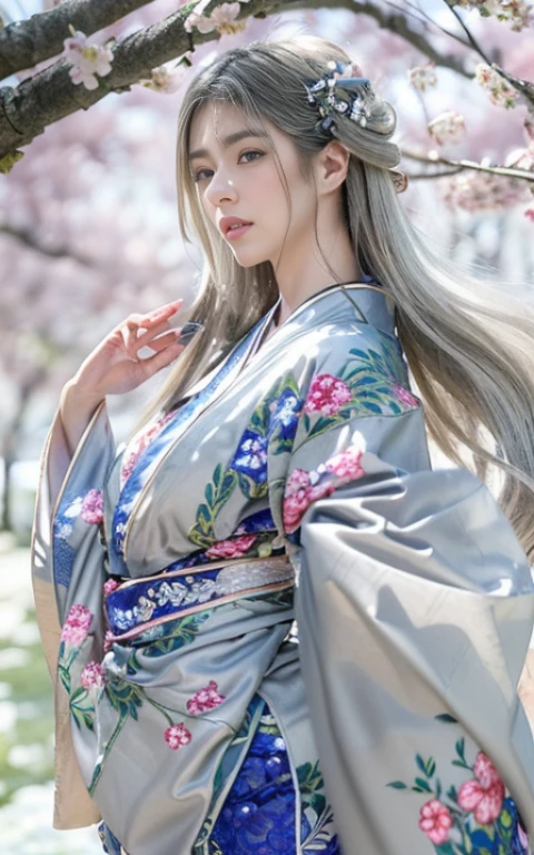 (Beautiful model appearing in Japanese kimono commercial, Beautiful silver mesh long hair swaying in the wind), (alone), ((face is 80% Beauty and elegance, 20% Beautiful and cute:1.5)), (Her roots are in Eastern Europe and Asia), Clear Eyes, (Fine grain, Light brown eyes, Bright pupils), double eyelid, (Slightly thick, sexy lips:1.2), Very detailed and incredibly high resolution silver long Kimono, Highly detailed facial texture, impressive body shape, curvaceous and very attractive woman, (The color of the long kimono is 95% Silver and 5% lapis lazuli:1.5), High resolution RAW color photo Professional photo, break ultra high-resolution textures, High-resolution body rendering, Big eyes, An unparalleled masterpiece, Incredible high resolution, Very detailed, Stunning Ceramic Skin, break (Wearing a shiny silver long garment of Rinpa, which uses plenty of Rinpa's silver color.), (The main color is Rinpa's shiny silver), (Exquisitely crafted classic Japan shiny silver long kimono), ((The embroidery pattern is a Japanese painting style of lapis lazuli birds, cloud, Mountain, river, And flowers)), (A lapis lazuli obi that matches this kimono), ((Long kimono in shiny silver with exquisite and elegant embroidery)), (The background is a row of cherry blossom trees),break ((highest quality, 8K)), Sharp focus:1.2, (Layered Cut, big:1.2), (Beautiful woman with perfect figure:1.4), (Beautifully shaped breasts:1.3), Narrow waist, (Correct hand shape:1.5), (full body shot | Rear view)
