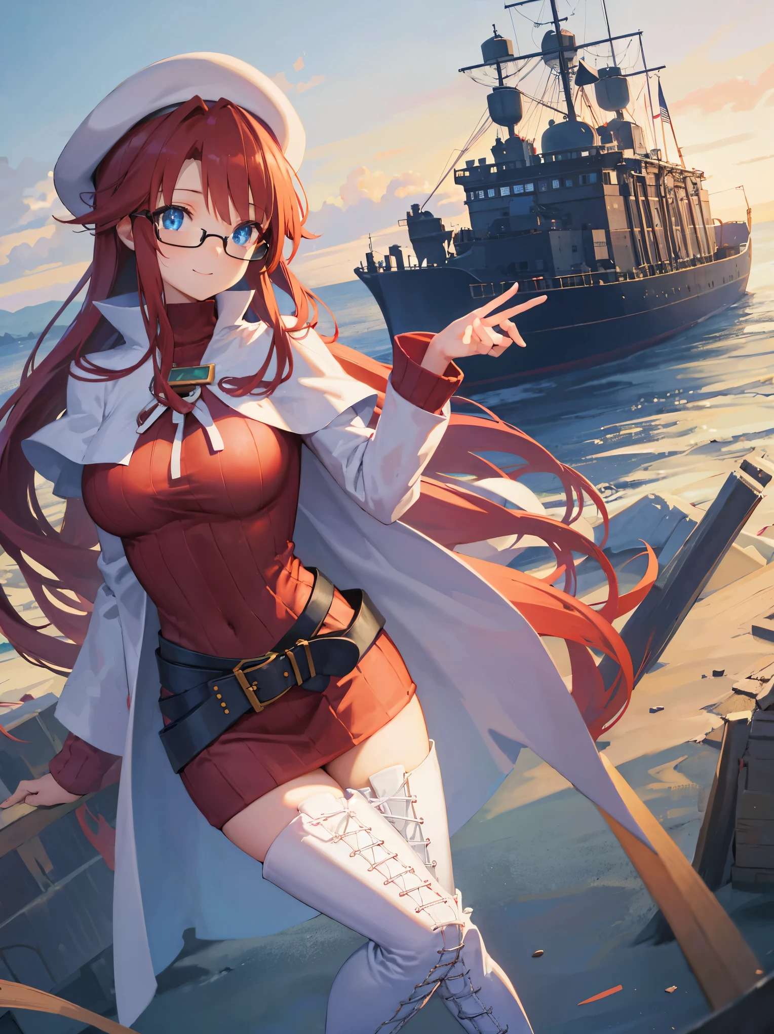 summonnightaty, aty, long hair, blue eyes, red hair, beret, hat, glasses,
BREAK long hair, thighhighs, hat, dress, boots, glasses, belt, cape, sweater, zettai ryouiki, beret, thigh boots, white footwear, ribbed sweater, loose belt,solo,
BREAK outdoors, fantasy,on_a_ship,
BREAK (masterpiece:1.2), best quality, high resolution, unity 8k wallpaper, (illustration:0.8), (beautiful detailed eyes:1.6), extremely detailed face, perfect lighting, extremely detailed CG, (perfect hands, perfect anatomy),covered_nipples,covered_navel,light_smile ,(half_eyes:1.4),sword,armpit,sleepy,dynamic_standing,barrel,red_sweater,apart_legs,magical_effect,pulmp,big_tits,