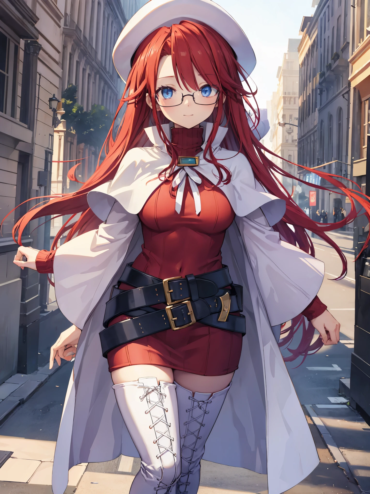 summonnightaty, aty, long hair, blue eyes, red hair, beret, hat, glasses,
BREAK long hair, thighhighs, hat, dress, boots, glasses, belt, cape, sweater, zettai ryouiki, beret, thigh boots, white footwear, ribbed sweater, loose belt,solo,
BREAK outdoors, fantasy,on_a_ship,
BREAK (masterpiece:1.2), best quality, high resolution, unity 8k wallpaper, (illustration:0.8), (beautiful detailed eyes:1.6), extremely detailed face, perfect lighting, extremely detailed CG, (perfect hands, perfect anatomy),covered_nipples,covered_navel,light_smile ,(half_eyes:1.4),sword,armpit,sleepy,dynamic_standing,barrel,red_sweater,apart_legs,magical_effect,pulmp,big_tits,