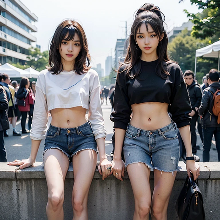 ((Best Quality, 16k, HD Masterpiece: 1.3)), Focus: 1.2, 2 Perfect Body Beauties: 1.2, Slim Waist: 1.2, Buttocks: 1.2, (( Fashion Short Straight Distribution: 1.5, Big Breasts and Beautiful Tits: 1.2)), (Wet Clothes: 1.1) , (Rain, Street:1.3), Sheer Short T-Shirt: 1.1, ( Denim Short Skirt, Open Belly Button, Perfect white thighs: 1.2, fair and round calves: 1.2, white and tender toes: 1.2), highly detailed face and skin texture, fine eyes, double eyelids, whitened skin, smile: 1.2, happiness: 1.2, teeth, tongue, eyes, lip gloss, super realistic detail, wide lighting, natural shadows, shooting the whole body: 1.8