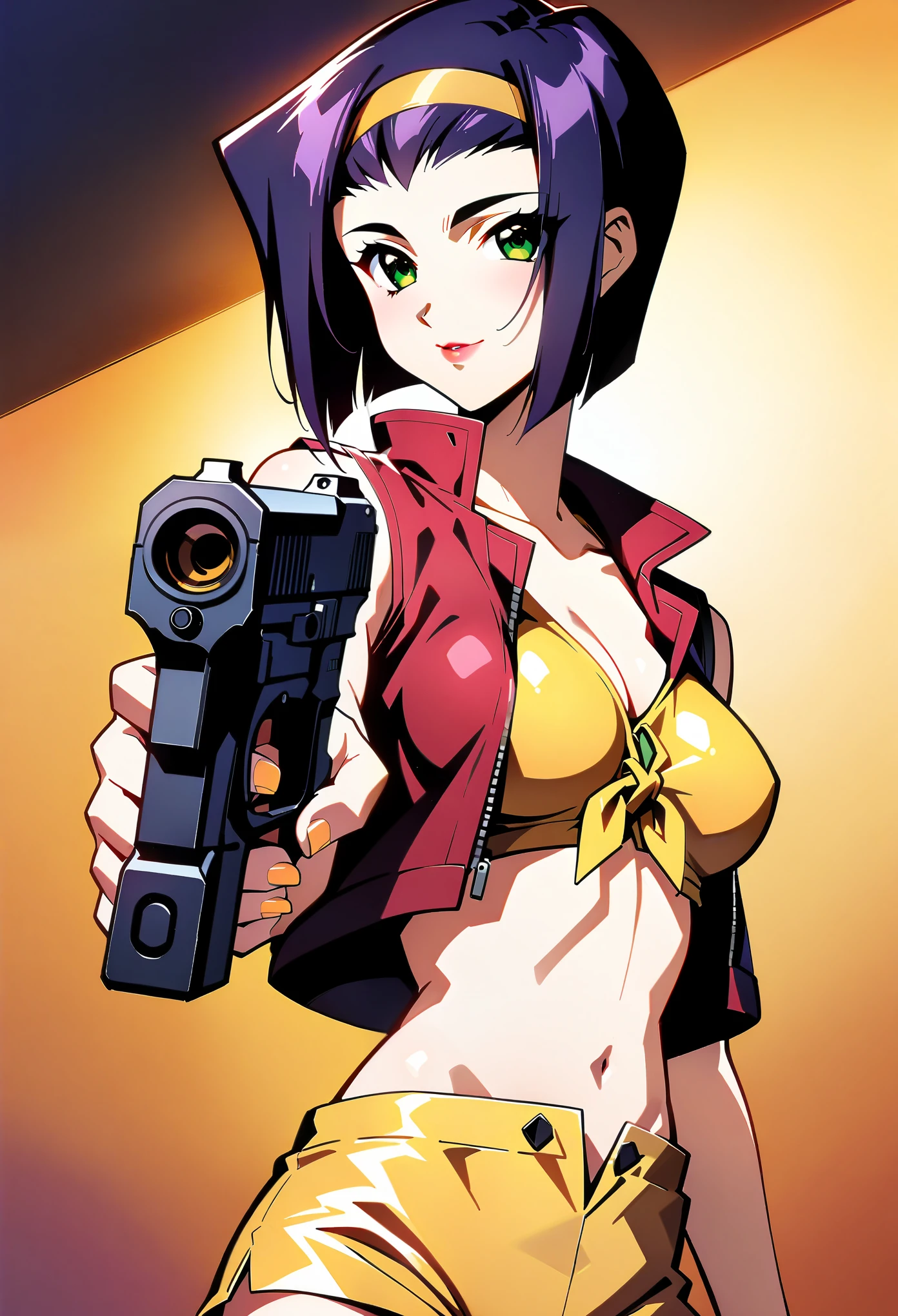 (anime artwork, Anime Style, Studio Anime, Very detailed, up to date, Vibrant, Anime Coloring, High Contrast, masterpiece:1.2, highest quality, Best aesthetics), Cowboy Bebop_Artistic, Faye Valentine, 23 year old woman, (Purple Hair, short hair, Green Eyes), (Yellow headband, Yellow sleeveless shirt, Cropped tops:1.2), (((There is a knot on the front)Red jacket:1.2)), Expose your shoulders:1.4, (Yellow hot pants:1.4), (White boots), (Dynamic Angle), (Ready your gun?, Glock 30:1.2, Gun Action, ), Simple Background, Plain background.