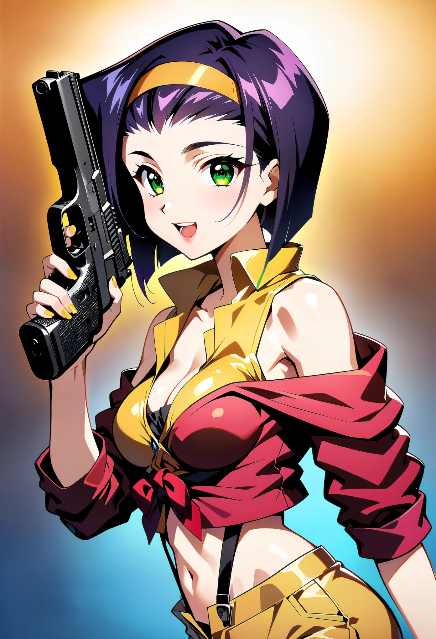 (anime artwork, Anime Style, Studio Anime, Very detailed, up to date, Vibrant, Anime Coloring, High Contrast, masterpiece:1.2, highest quality, Best aesthetics), Cowboy Bebop_Artistic, Faye Valentine, 23 year old woman, (Purple Hair, short hair, Green Eyes), (Yellow headband, Yellow sleeveless shirt, Cropped tops:1.2), (((There is a knot on the front)Red jacket:1.2)), Expose your shoulders:1.4, (Yellow hot pants:1.4), (White boots), (Dynamic Angle), (Ready your gun?, Glock 30:1.2, Gun Action, ), Simple Background, Plain background.