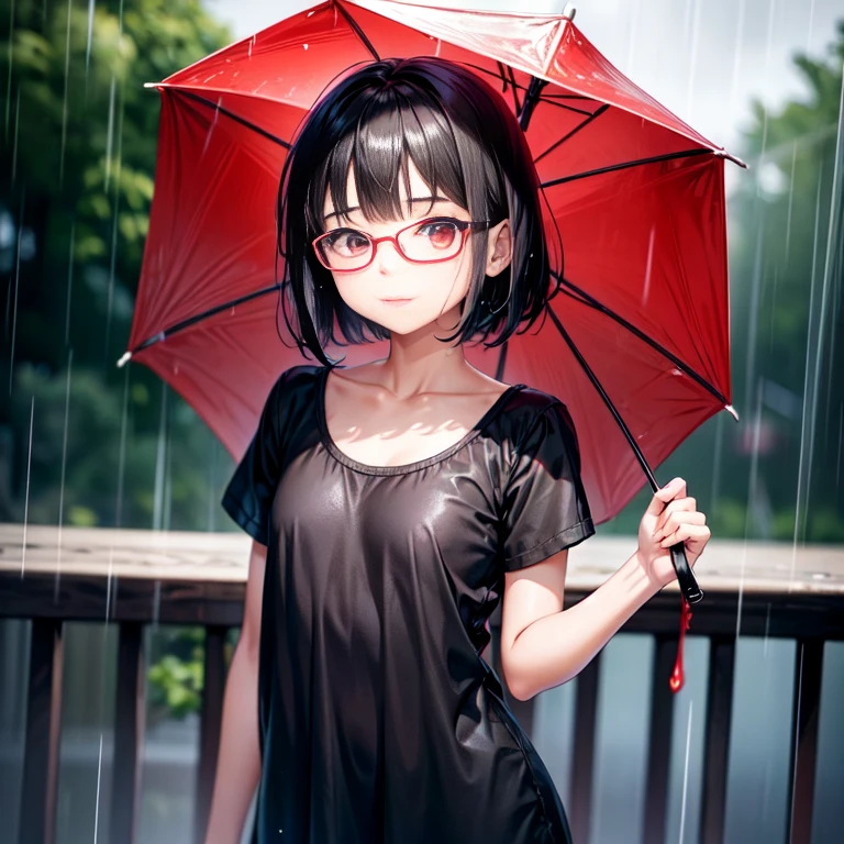  girlอายุ 14 ปี short hair, black hair, red eyes, ชุดชั้นในsmall สีขาวแถบแดง, 90% bare, , small, cute, standing in the rain, wet, Beautiful breasts, wear glasses,