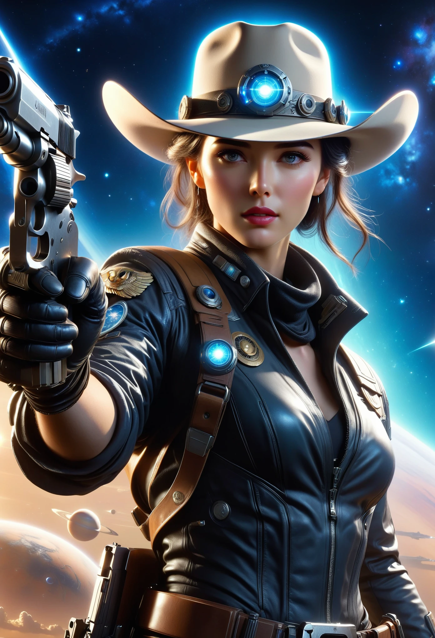 (best quality,4k,8k,highres,masterpiece:1.2),Space cowboy，ultra-detailed,realistic,galaxy,interstellar,1man，detailed eyes,detailed lips,cowboy aviation outfit,cowboy hat,technological clothing,light-emitting outfit.(((Hold a gun in both hands，aim)))，Correct human anatomy，body movements，Motion capture