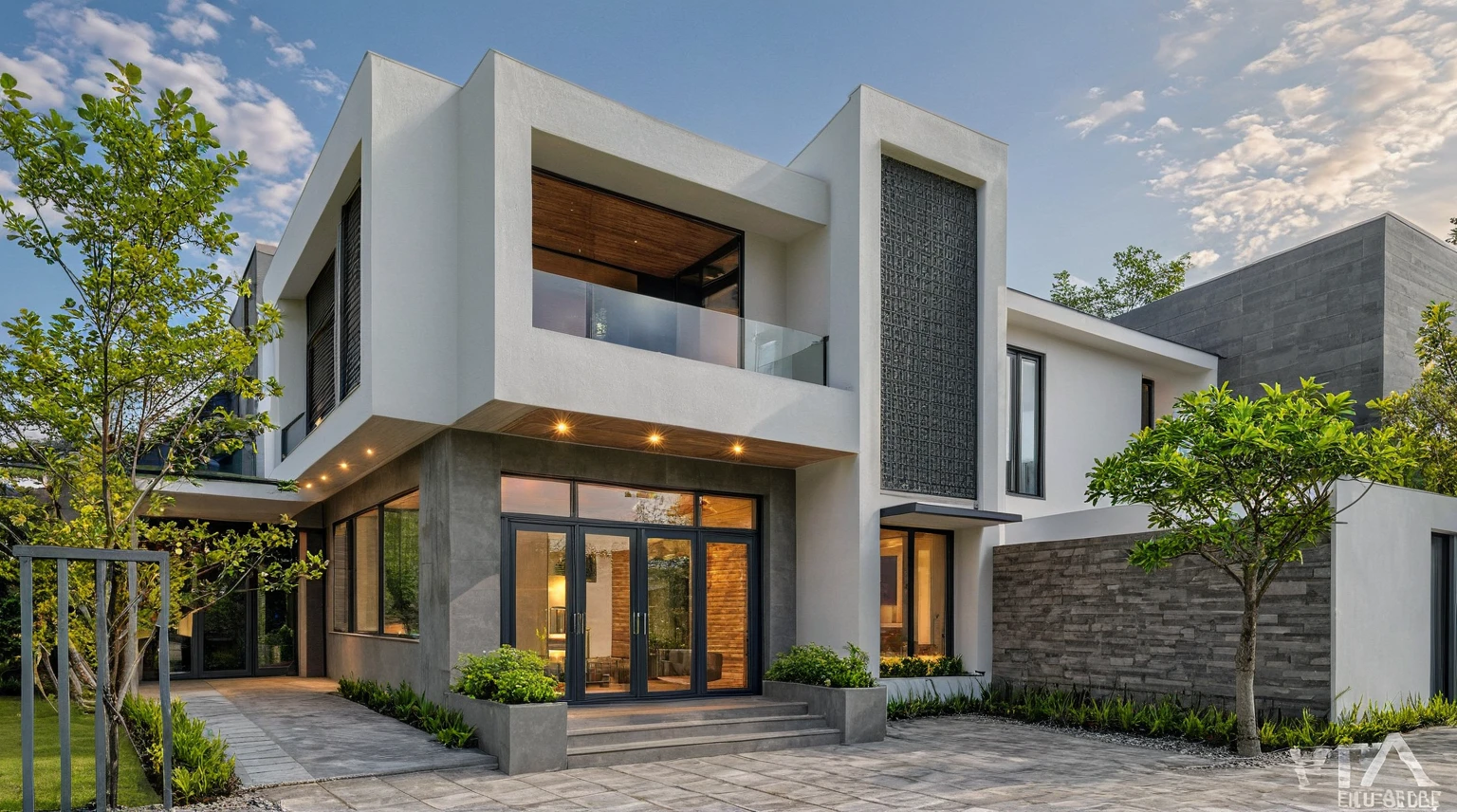 chef-d'artwork, high quality, best quality, authentique, Great detail, en plein air, villa de plain-piedXL, credit group, style de maison moderne dans la rue ,escaliers, mur blanc ,route,pavement, herbe, des arbres, ciel, nuage, (day light:1.1)