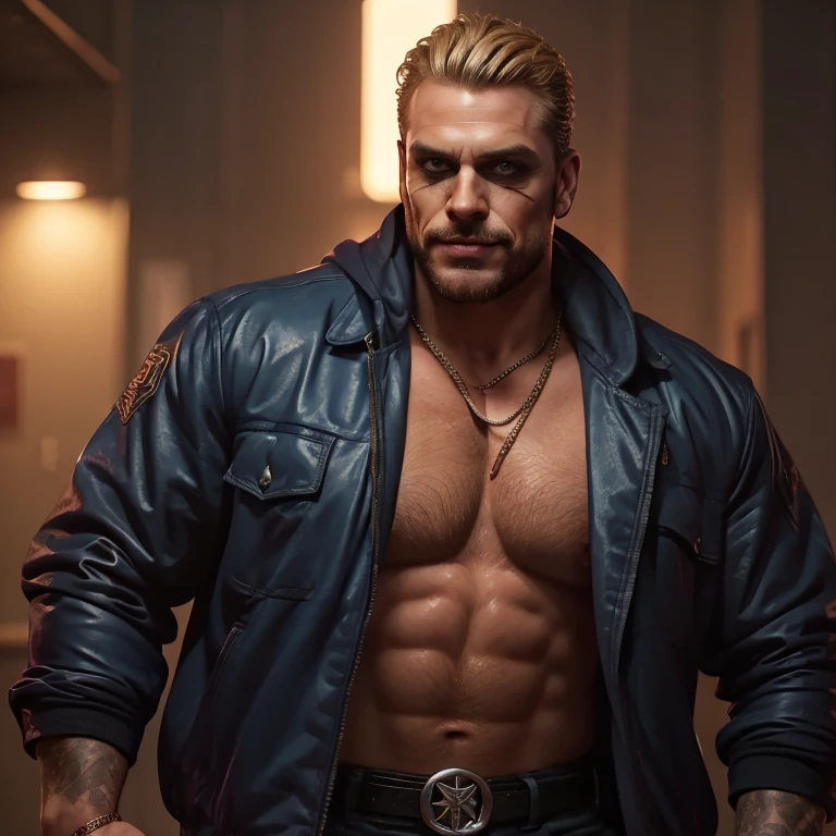 tom finland style, disrobed, large muscles, gigachad muúcular, a man with a wrestling belt and a tattoo on his arm, cocky smirk, wwe, choke smirk smile grin, profile picture, gangrel, road warrior, snake man, nefarious smirk, evil smirk, profile image, profile shot, dio brando, aggressive look, jerma985 as the joker, christian