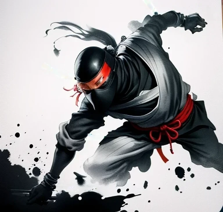 a painting of a ninja on a black background,, breathtaking rendering, within a radiant connection, inspired by Kinuko Y. Craft,, magical elements, icon a ninja, wow, is beautiful, casting a multi colorful spell, bright flash, flash