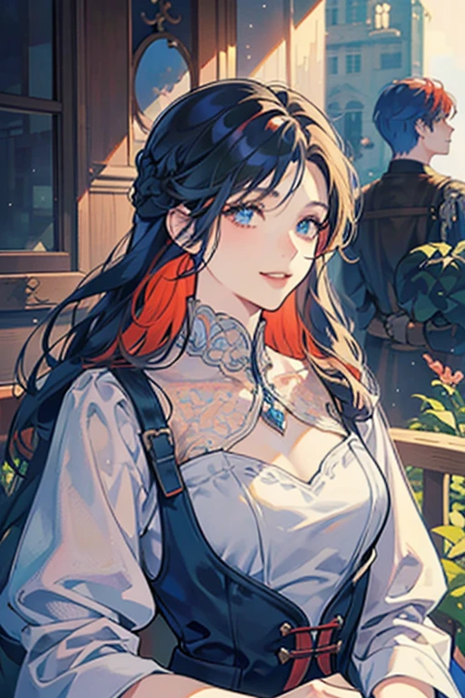 The first is a young man with red hair drawn in detail.,The second is a woman with blue hair drawn in detail,The third is a blonde woman depicted in detail,The fourth is a man with black hair drawn in detail.,a smile,rainboweffect,Detailed background,