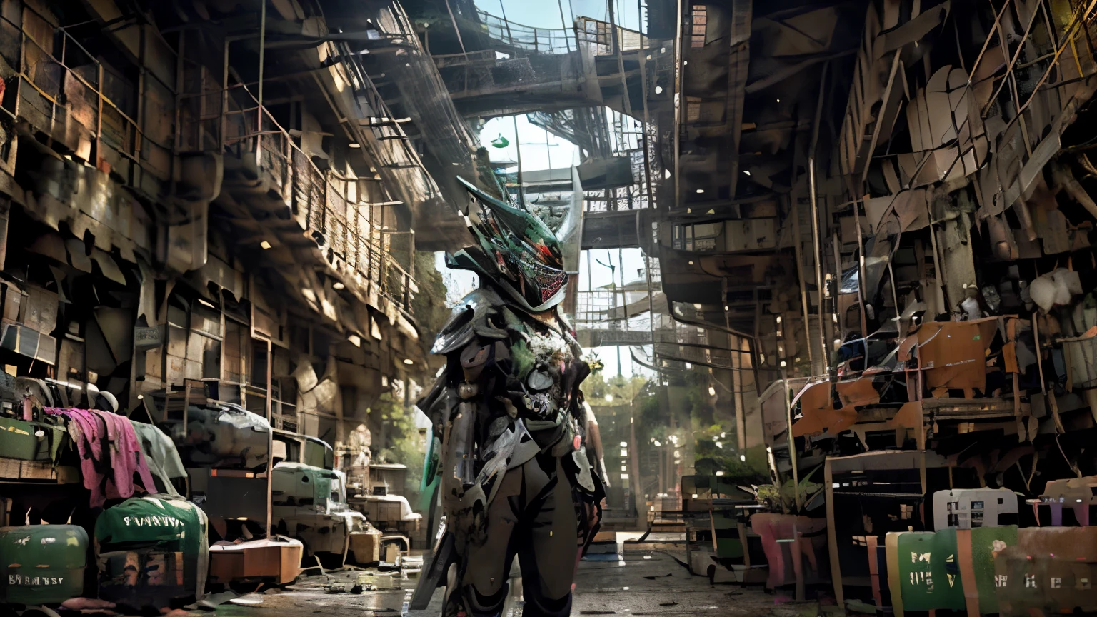 (Ultra detailed), (masterpiece), (best quality), (very detailed CG unit 8k wallpaper), astronaut ninja with ultravioletsuit, colorful sword on back, slender athletic body type, with flaming sword on back, wearing gas mask exploring colorful rainforest covered with wild plant life, futuristic advanced technology, computers, green grass, waterfalls, blue roses, red mushrooms, (green sky), neglected, dawn, concept art, (greenish sky), dark, cyberpunk, cinematic, highly detailed, stylized wallpaper no text, no logos, no symbols, no fonts.