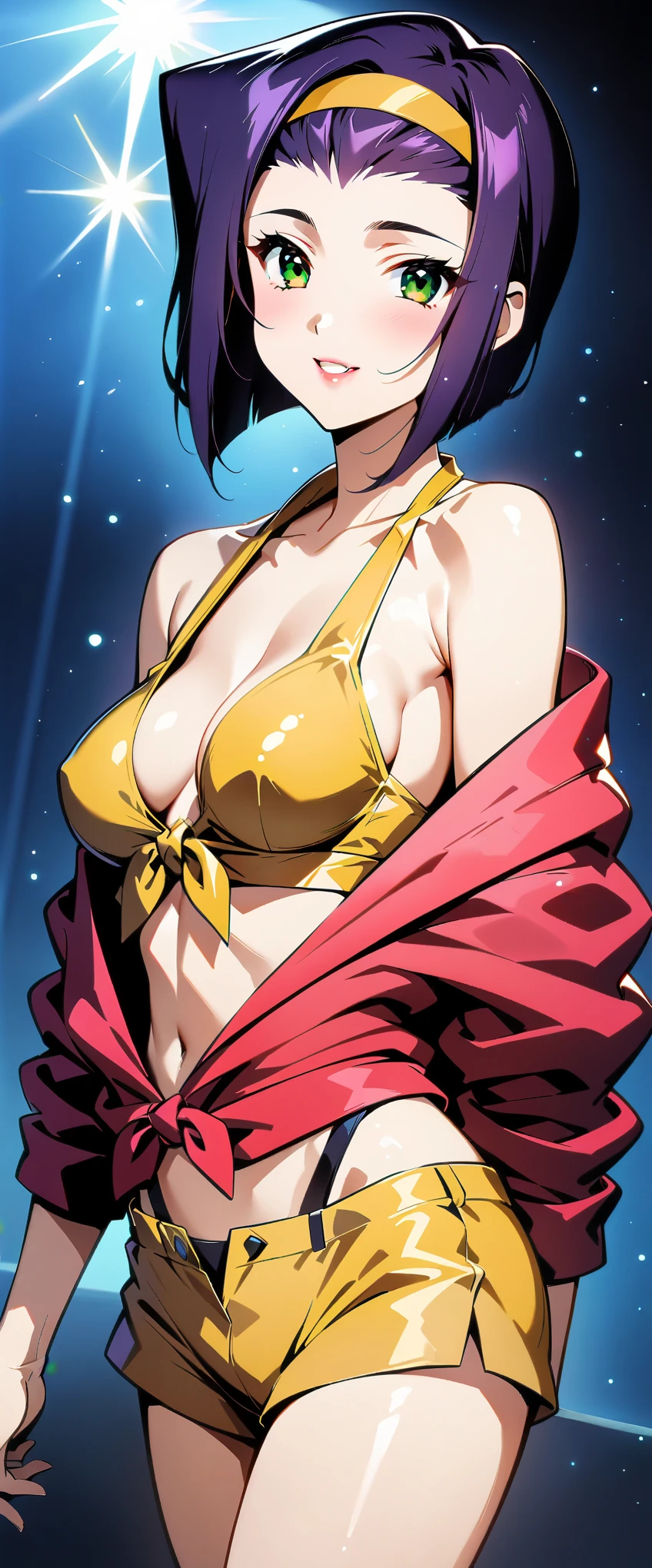 (anime artwork, Anime Style, Studio Anime, Very detailed, up to date, Vibrant, Anime Coloring, High Contrast, masterpiece:1.2, highest quality, Best aesthetics), Cowboy Bebop_Artistic, Faye Valentine, 23 year old woman, (Purple Hair, short hair, Green Eyes), (Yellow headband, Yellow sleeveless shirt, Cropped tops:1.2), (Red jacket:1.2), Expose your shoulders:1.4, (Yellow hot pants:1.4), (White boots), (Dynamic Angle), Simple Background, Plain background.