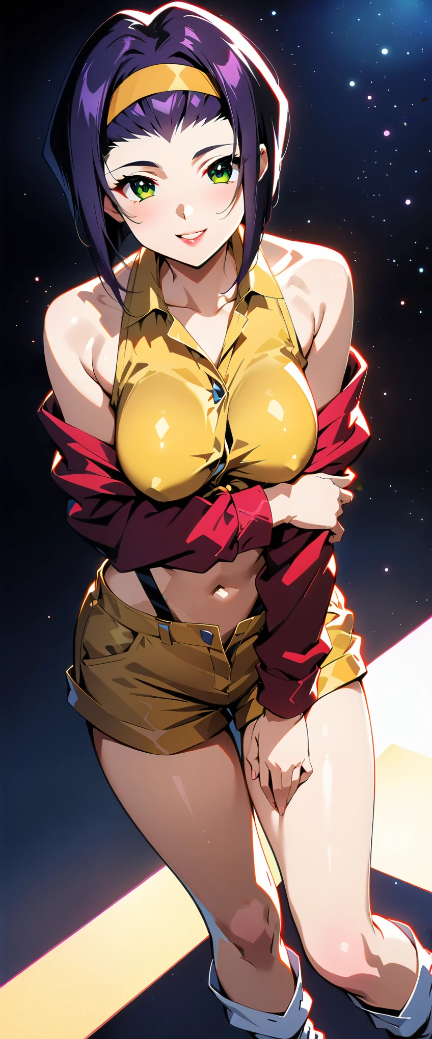 (anime artwork, Anime Style, Studio Anime, Very detailed, up to date, Vibrant, Anime Coloring, High Contrast, masterpiece:1.2, highest quality, Best aesthetics), Cowboy Bebop_Artistic, Faye Valentine, 23 year old woman, (Purple Hair, short hair, Green Eyes), (Yellow headband, Yellow sleeveless shirt, Cropped tops:1.2), (Red jacket:1.2), Expose your shoulders:1.4, (Yellow hot pants:1.4), (White boots), (Dynamic Angle), Simple Background, Plain background.