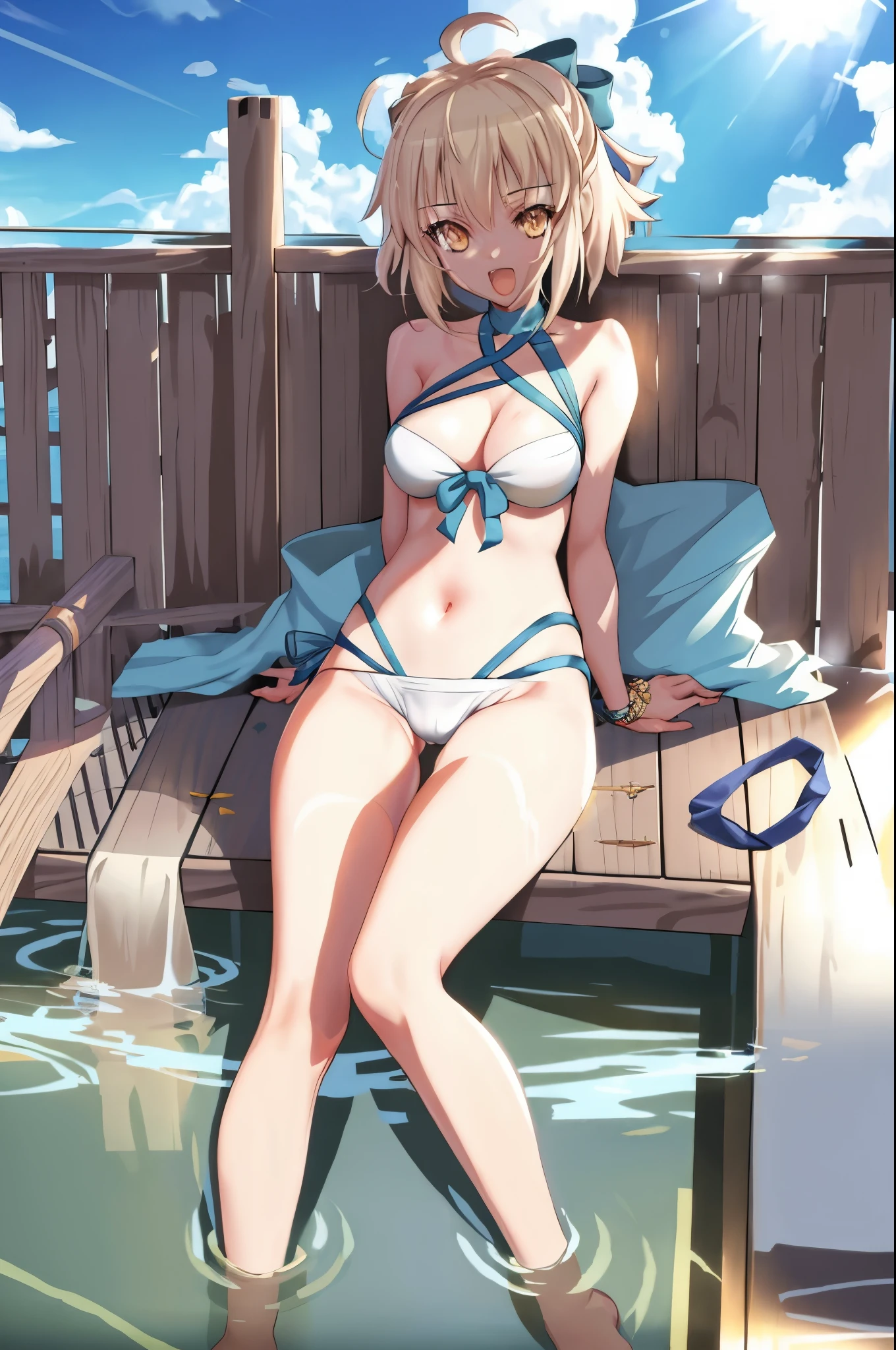 masterpiece, best quality,extremely detailed CG unity 8k wallpaper,
1girl,okita souji \(fate\), swimsuit,bikini,
 smile,open_mouth,sitting,sunlight,splash_of_water,happy,gold_eyes,half_eyes,apart_legs,rising_knee,open_legs,covered_pussy,