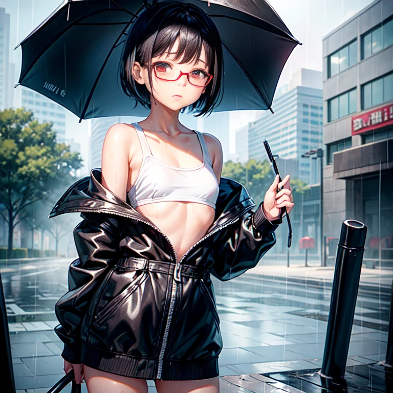 girlอายุ 14 ปี short hair, black hair, red eyes, ชุดชั้นในsmall สีขาวแถบแดง, , small, cute, standing in the rain, wet, Beautiful breasts, wear glasses,
