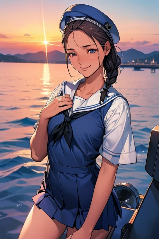 (High quality, High resolution, Fine details), Realistic, (navy), Sail ships, prow, Sunset, Sparkling water, white clouds, Solo, Slim woman, navy sailor hat, navy blue sailor uniform, Braided hair, Sparkling eyes, (Detailed eyes), Smile, Sweat, Oily skin, Smaller chest