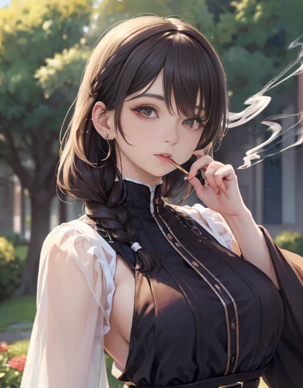  22 years old, (milf:0.8), (solo:1.5), (sfw:1.25), cute breast, beautiful breasts, medium tits, thin waist, big ass:1.0, Raised sexy, (dark mahogany medium short hair, updo, hair band, red eyes, light smile, big , Revimpling fabric, earrings, Hand gloves, detailed face,(smoking:1.3),brunette hair,detailed and beautiful eyes,beautiful detailed lips,Rolling her eyes,manner,hair over one eye, asymmetric hair, Carly hair, low tied braids), (ultra high resolution, 8K RAW photo, photo realistics, thin outline:1.3, clear focus), best qualtiy, natural lighting, textile shading, blurry back ground, field depth, (Bright pupils, fine detailed beautiful eyes with highlight:1.3, high detailed face), Red lip, fine realistic skins:1.1, looking down viewers:1.3, (dynamic angle:1.3, front view:1.1, breast focus:1.3, from below:1.2), (dynamic posing:1.5, sexy posing:1.2),Youghal, side lock, hair ornaments, hair band,nice,garden background,artistic rendering,Super detailed,(highest quality,4k,8K,High resolution,masterpiece:1.2),Bright colors,studio lighting
