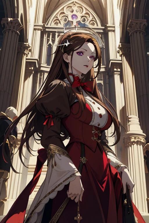 Holiday masterpiece, (absurdres:1.1), best quality, extremely delicate, (beautiful face:1.1), elegant, full clothes (great composition), bags under eyes,  (dark:1.1), highly detailed exquisite  portrait Victorian era inspiration anime - style image of a woman in a red dress standing in front of a large cathedral pretty female cleric, female cleric, inspired by Li Chevalier, cleric, dressed like a cleric, majestic saint woman, inspired by Valéria Dénes, npc with a saint's halo, female protagonist 👀 :8, official character art, masterpiece goddess of sorrow BROWN HAIR purple eye color middle aged woman Christmas theme holidays December