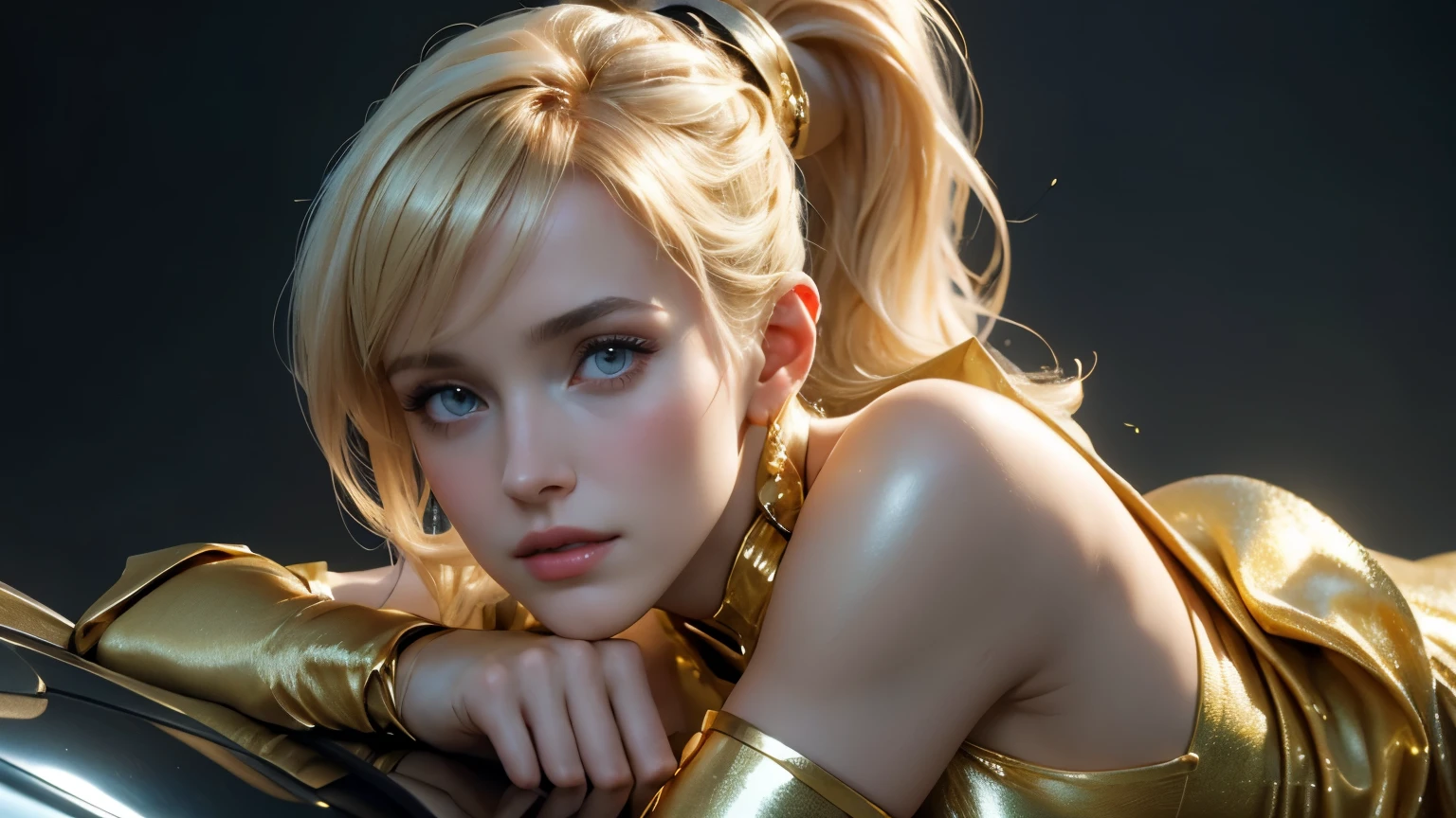 Rachel Brosnahan,blonde hair,Bangs,Ponytail,She is wearing a gold cloth dress., realistic skin, incredible light, ultra realistic,complicated, Sharp focus, Ray Tracing, rtx, Professional color grading, Professional photography, Masterpiece, very detailed, High quality, best quality, 4k, 8k, raw , regeneration of the skin, big breasts,She breast size is M cup, full body, she very sexy, she have perfect body, she so beautifully,She have good eyes,She is full of charm,close up,sky,She is at the top of the mountain.,The sun shines,The sky is clear.,((Shiny metallic cybernetic body)) cyberpunk,Sci fi,technology,