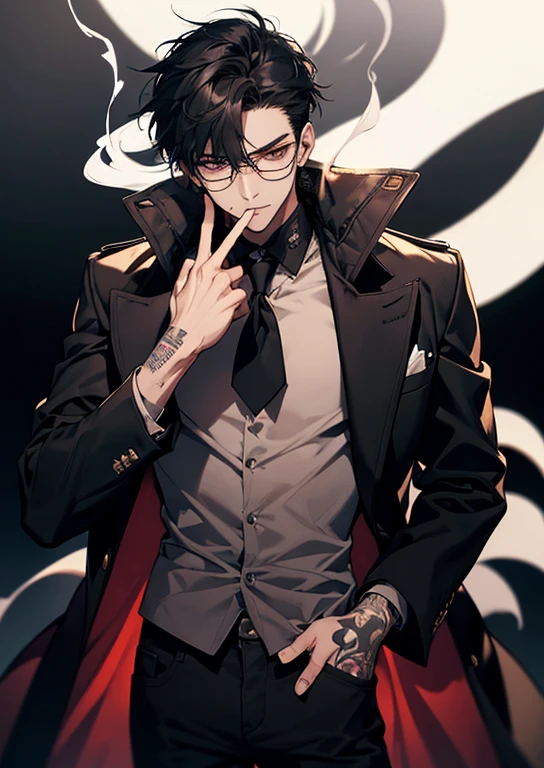 1 boy 21 years old, aura, black_background, Brown_eyes, blurred, cigarette, black hair, wicked, coat, Black, Blazing, high_Collar, holding, holding_a cigarette, long_hand, looking VVtop_V_viewer, male_Focus, It features a simple_background, One, Upper body_Body, white_, sports, V glasses, V cheronm, V black jeans, finger detail, A lot of smoke, tattoos all over the body, All V black,