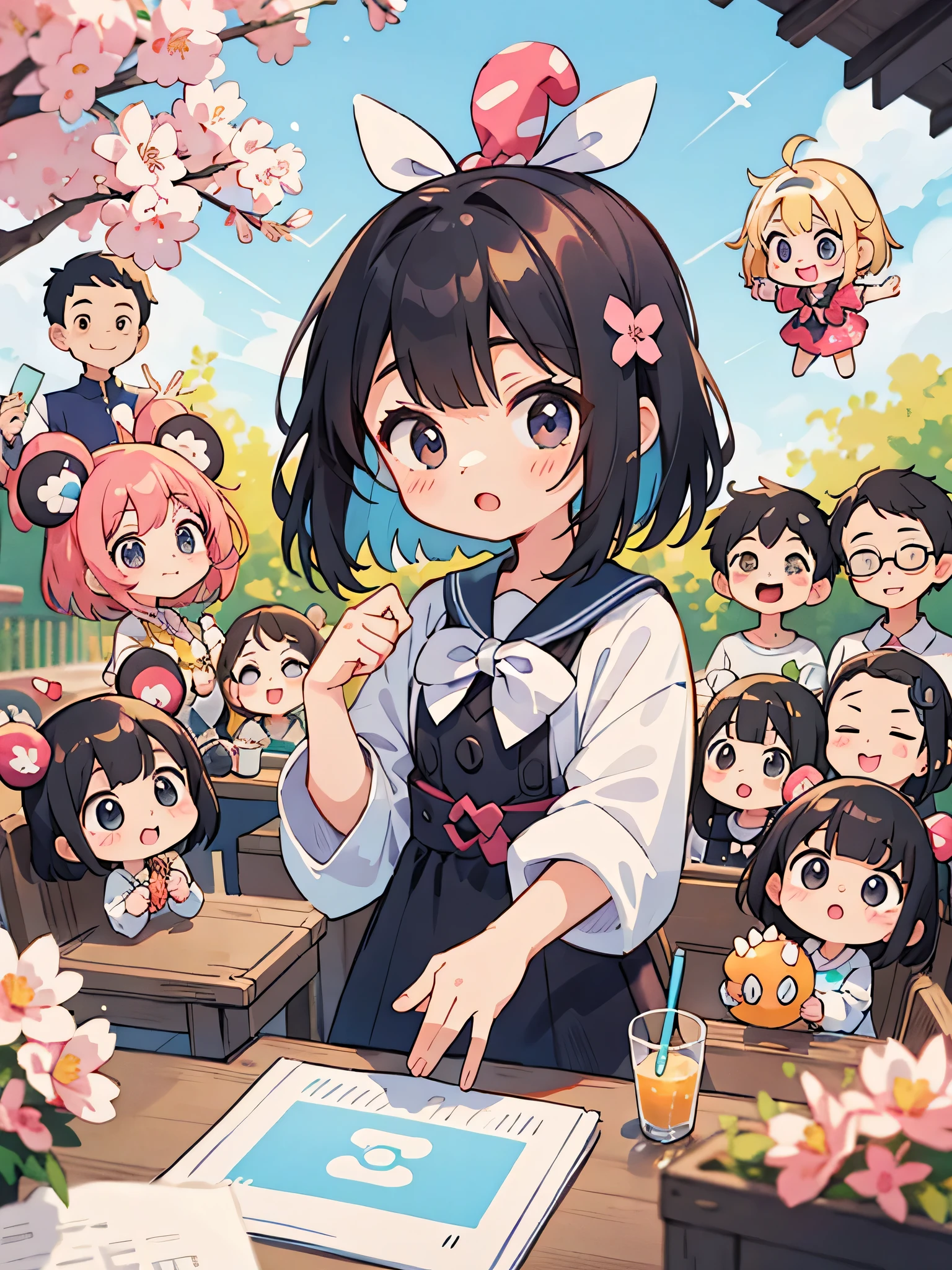 Momoko Sakura style, Kawaii Design, (((10 people)))、most beautiful girl ever、Chibi, Colorful bob hair、((Lots of friends))、Disneyland for everyone

