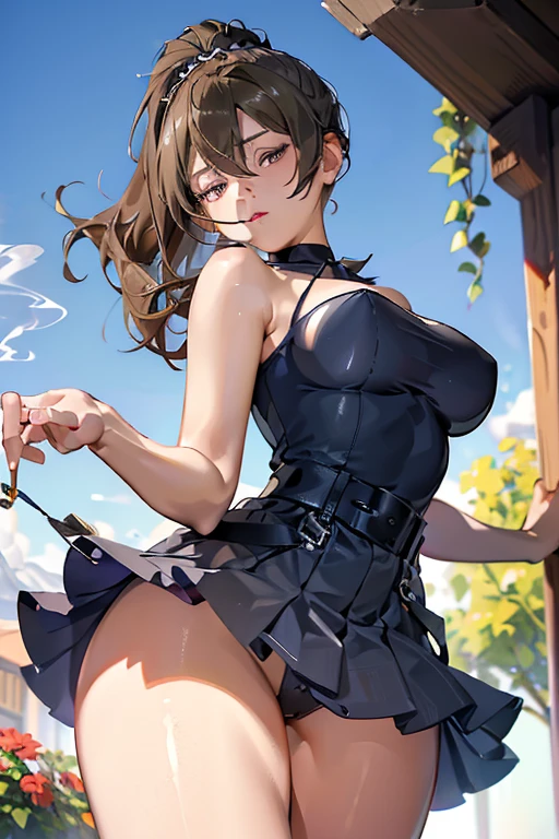 22 years old, (milf:0.8), (solo:1.5), (sfw:1.25), cute breast, beautiful breasts, medium tits, thin waist, big ass:1.0, Raised sexy, (dark mahogany medium short hair, updo, hair band, red eyes, light smile, big , Revimpling fabric, earrings, Hand gloves, detailed face,(smoking:1.3),brunette hair,detailed and beautiful eyes,beautiful detailed lips,Rolling her eyes,manner,hair over one eye, asymmetric hair, Carly hair, low tied braids), (ultra high resolution, 8K RAW photo, photo realistics, thin outline:1.3, clear focus), best qualtiy, natural lighting, textile shading, blurry back ground, field depth, (Bright pupils, fine detailed beautiful eyes with highlight:1.3, high detailed face), Red lip, fine realistic skins:1.1, looking down viewers:1.3, (dynamic angle:1.3, front view:1.1, breast focus:1.3, from below:1.2), (dynamic posing:1.5, sexy posing:1.2),Youghal, side lock, hair ornaments, hair band,nice,garden background,artistic rendering,Super detailed,(highest quality,4k,8K,High resolution,masterpiece:1.2),Bright colors,studio lighting