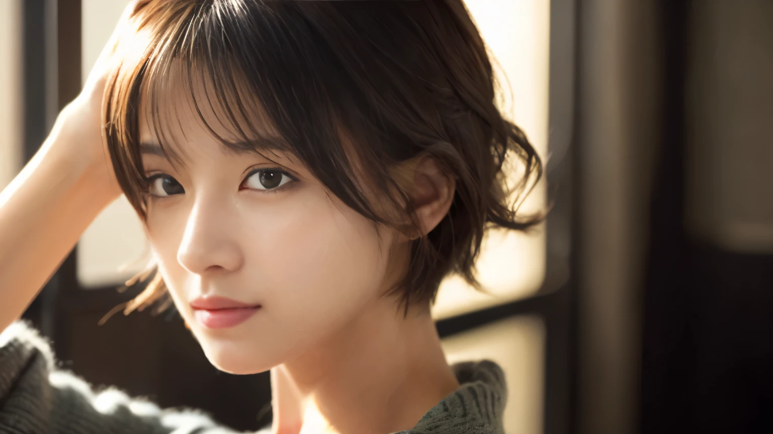 (highest quality、8k、32k、masterpiece、Hmph:1.2)、cute日本人女性の写真、very short bob hair、Upper Body、surface focus、Extra Large_sweater、necklace、Cafe Background、Search for viewers x4、(8k、RAW Photos、highest quality、masterpiece:1.2)、(Realistic、Photorealistic:1.37)、1 girl、cute、professional lighting、Photon Mapping、physically based rendering、Gradient brunette hair、Short Curly Hair、good looking、Excellent image quality、High resolution、1080p、(Beautiful face)、(Detailed facial depiction)、(Detailed Hand Explanation)、(Masseter muscle area)、(Detailed CG)、 Extreme light and shadow、Dirty hair、masterpiece、Rich details、(exquisite features)、(Best image quality)、(masterpiece)、(Detailed eyes)、Delicate clavicle、Various poses、Don&#39;Don&#39;t look at the camera、profile、Photographed inside the cafe、Spring Clothes、simple necklace、knit