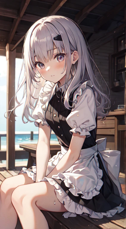 (masterpiece, highest quality:1.4), 8K, Official Art, Raw photo, Disorganized, From below, girl, blush, Sitting, Maid clothes、Silver Hair, Wet, See-through, beach, stream, Fine shadows, Light leakage, perspective, Depth of written boundary, Sharp focus, High resolution, Ultra-detailed, finely, Very detailed, (Fine eyes and face, Sharp pupils, Realistic students:0.6)