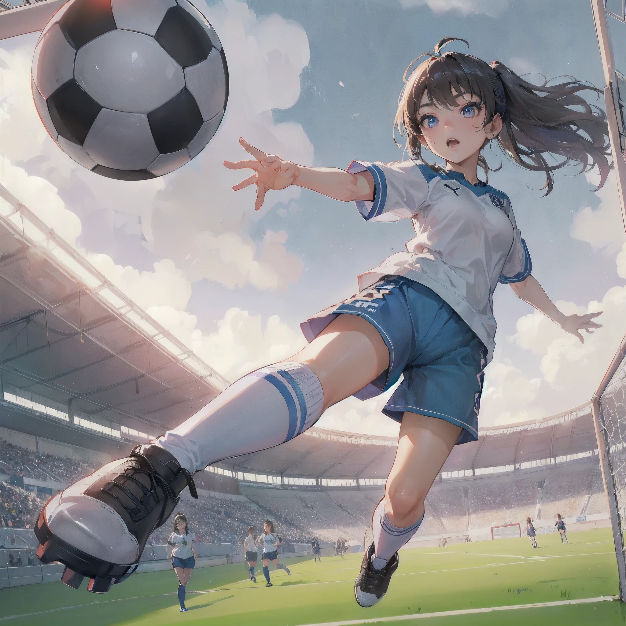 high quality,HD,16k,sharp lines,1 girl,Female soccer athlete ,cute face, large breasts, nice legs,At the soccer venue,focus girl,detailed beautiful face,detailed clothes,beautiful eyes,cool,dynamic angle