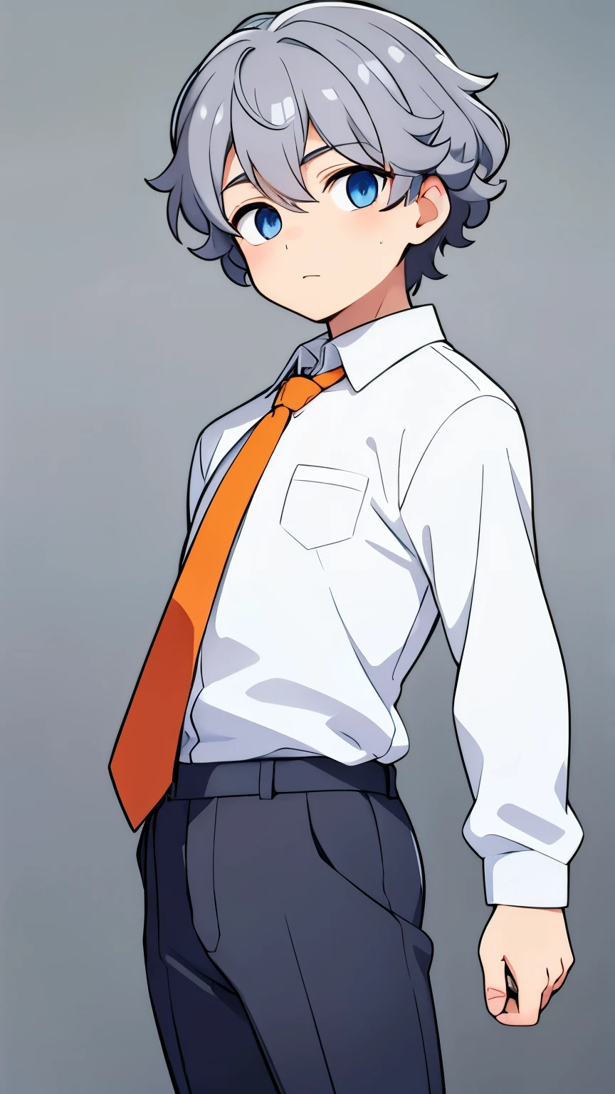 boy,Curly grey hair,blue eyes,White shirt with a dark orange tie and grey slacks,Character portrait