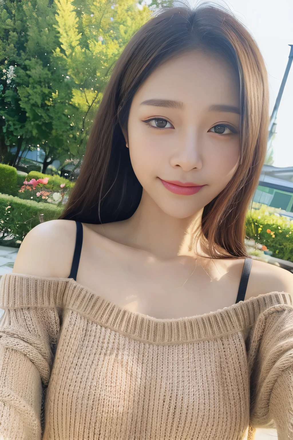 ((highest quality, 8K, masterpiece:1.3)), concentrated:1.2, Perfect body beauty:1.4, Hips:1.2, ((Delicate Hair)), (Colorful Solid Cold Shoulder Oversized Sweater、 :1.1) , ((highest quality、8K、masterpiece:1.3))、1 Girl、A sloppy smile、Esbian all over、Slim face、Big 、Beautiful woman、(Dark Brown Hair)、、1.1、Flickering Valley、Detailed eyes、double eyelid、Blurred Background、超Slim face、Looking down、garden、