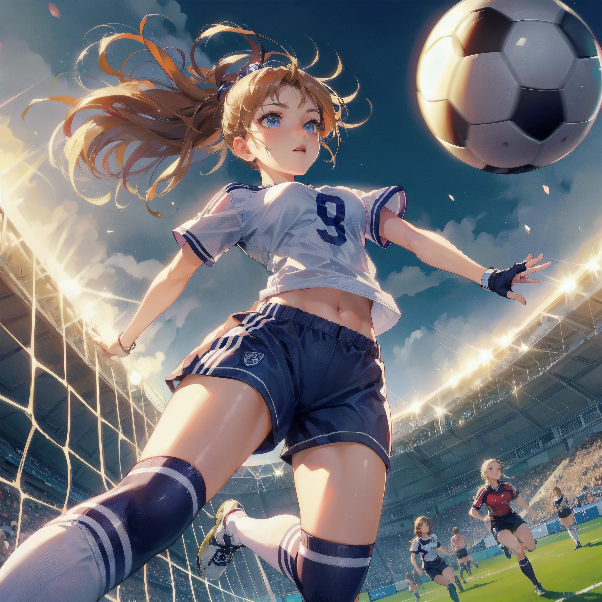high quality,HD,16k,sharp lines,1 girl,Female soccer athlete ,cute face, large breasts, nice legs,At the soccer venue,focus girl,detailed beautiful face,detailed clothes,beautiful eyes,cool,dynamic angle