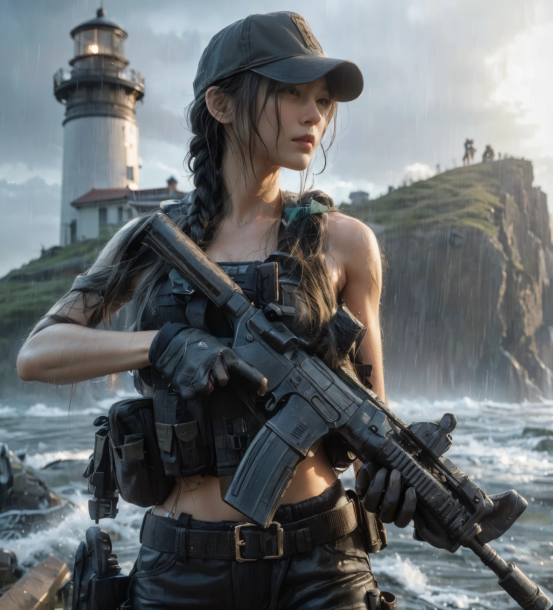 (best quality,8k,realistic,photorealistic:1.2),realistic skin texture,beautiful Japanese-American Navy SEALs female member,assault rifle,assault team,lighthouse on a cliff overlooking a cove,storming in,cap,braided hair,military pants,boots,dynamic pose,tattoo,drenched in heavy rain,rainwater streaming down the face,toned physique,muscles,anger,daring composition,Portraits,cool color tones,dramatic lighting.