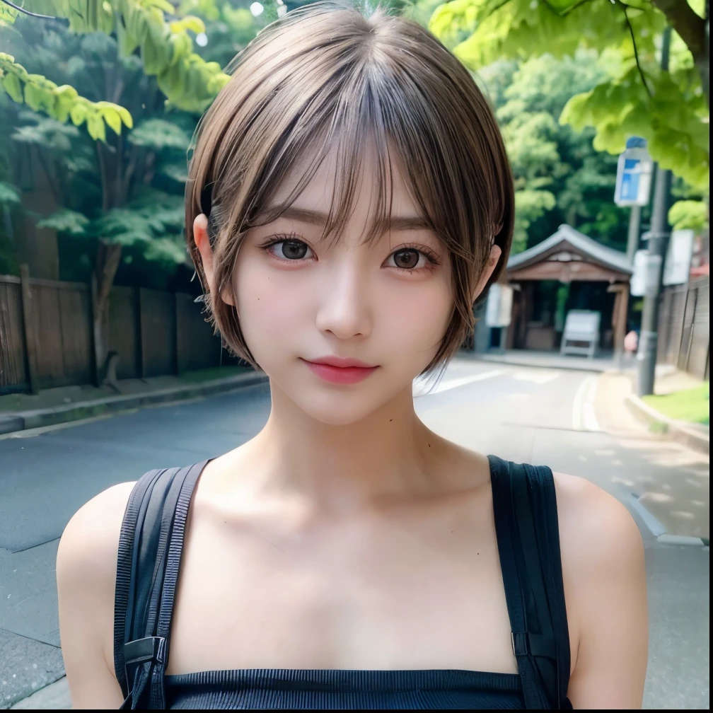 (8k, RAW Photos, highest quality, Tabletop:1.2), (Realistic, Realistic:1.4), (Highly detailed 8K wallpapers), Sharp focus, Written boundary depth, movie lighting, Soft Light, Beautiful eyes in every detail,Shiny smooth light brown, Asymmetrical bangs, Shiny skin, Highly detailed skin ,High resolution, Attention to detail, detailed hairstyle, Beautiful face in every detail, Ultra-realistic, Perfect limbs, Perfect Anatomy ,1 Japanese girl,Famous idols of Japan, Perfect female body,smile,short eyelashes,double eyelid,Look straight here,((short hair:1.6)),So that the whole body is reflected,street,Stand up straight and pose,So that the whole body is reflected,Close up of face looking straight at me
