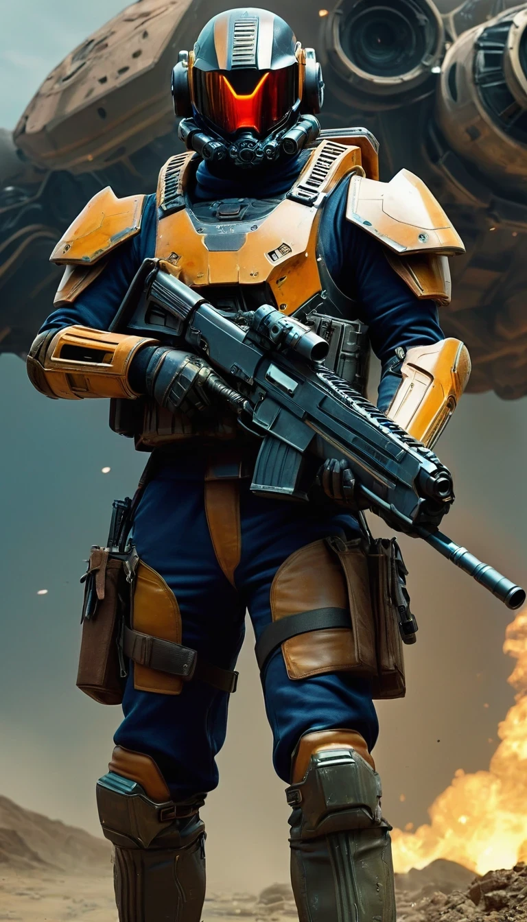 (Character Design), Science Fiction "District 9", (Full Body), Science Fiction "District 9" protagonist interstellar cowboy Qin Yu carrying a modern technology gun firing, his skin is a healthy bronze color, muscle lines are clearly defined, his eyes are deep and bright, his eyebrows reveal an air of determination and courage. Qin Yu's features were three-dimensional and deep. His nose was high and straight, and his lips were well-defined, appearing both rigid and bold. His hair was short and thick, always combed meticulously, and he wore a black combat uniform with a dark blue sweater leaking out of the collar (he wore a pair of dark cotton pants underneath, and his feet wore a pair of round cloth shoes). Wearing a tattered overcoat, the combat suit is made of wear-resistant and waterproof material, the combat suit is equipped with bulletproof undershirt, helmet, goggles and other protective gear, as well as pistols, rifles, grenades, medical kits, and other kinds of equipment and tools; his hair is very short, and his eyebrows are a color of rigidity, he is tall and broad-shouldered, and in the background: the interstellar earth is full of devastation after the great cataclysmic disaster of
 sci-fi,dark fantasy,impossible,visual exaggeration,nostalgiacore,post cyberpunk,futuristic,invasion,sci-fi,movie poster,image from the works of Wong Kar-Wai by Edward Curtis,intense atmosphere,high detail,ultra-high quality,high-resolution,trends on artstation,hi-definition,16K,depth-of-field (dof),cinematography,film Lighting.