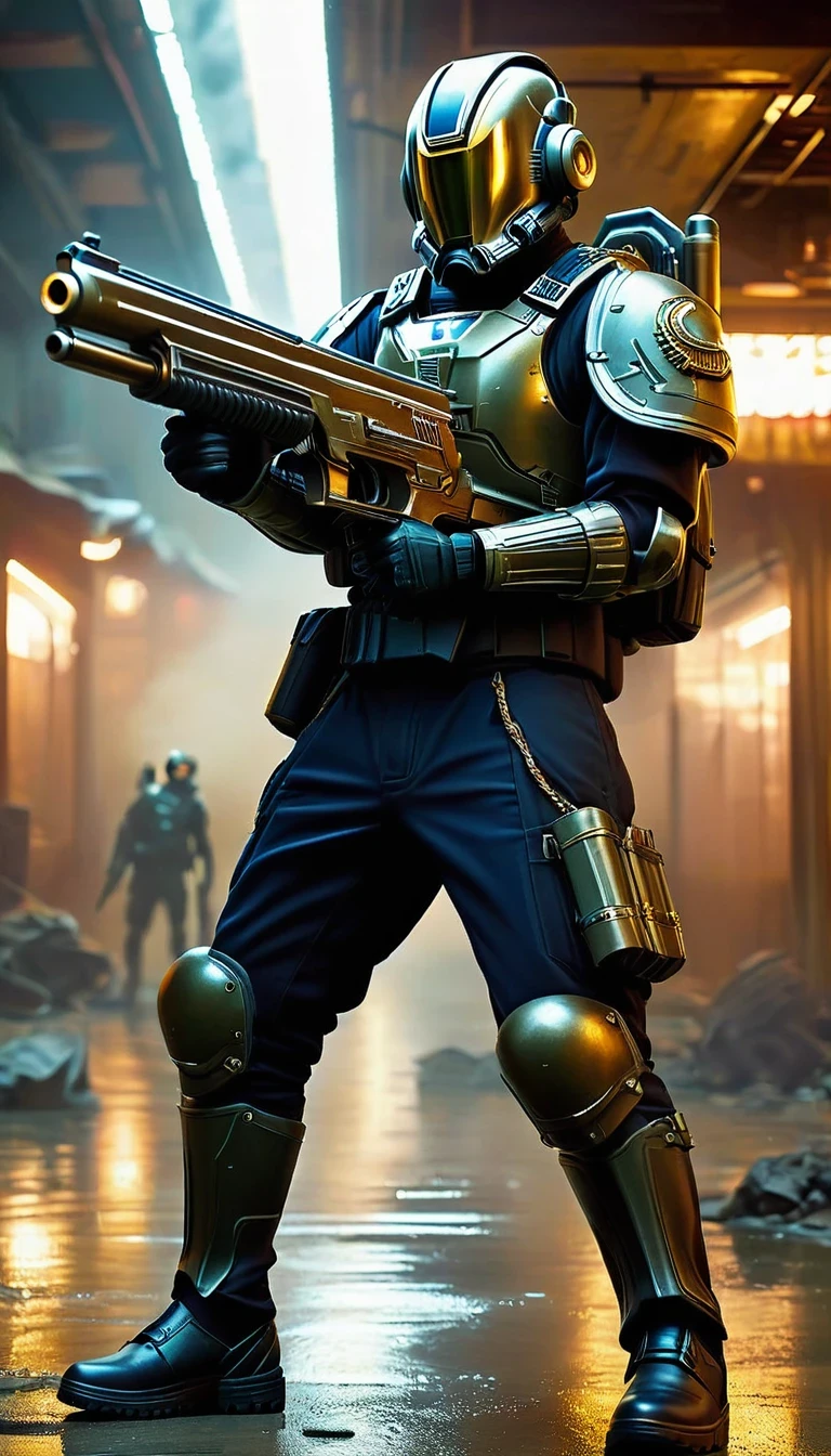 (Character Design), Science Fiction "District 9", (Full Body), Science Fiction "District 9" The main character of the science fiction novel "District 9", the intergalactic cowboy Qin Yu, is firing with a modern technological gun, wearing a black combat suit, with a dark blue sweater leaking out of the neckline (and underneath, a pair of dark cotton pants, and a pair of rounded cloth shoes for his feet). Wearing a worn-out overcoat, the combat suit is made of wear-resistant and waterproof material, the combat suit is equipped with bulletproof undershirt, helmet, goggles and other protective equipment, and is also equipped with pistols, rifles, grenades, medical kits, and other kinds of equipment and tools; his hair is very short, and the color of stalwartness comes through between his eyebrows, he is tall, with broad shoulders, and his skin is a healthy bronze color, with well-defined muscles, his eyes are deep and bright, and the color of stalwartness comes through between his eyebrows. Between them there was an aura of fortitude and courage. Qin Yu's features were three-dimensional and deep. His nose was high and straight, and his lips were well-defined, making him both tough and bold. His hair was short and thick, always meticulously combed, and in the background: the interstellar lands were devastated after the cataclysmic
 sci-fi,dark fantasy,impossible,visual exaggeration,nostalgiacore,post cyberpunk,futuristic,invasion,sci-fi,movie poster,image from the works of Wong Kar-Wai by Edward Curtis,intense atmosphere,high detail,ultra-high quality,high-resolution,trends on artstation,hi-definition,16K,depth-of-field (dof),cinematographic footage,film Lighting,