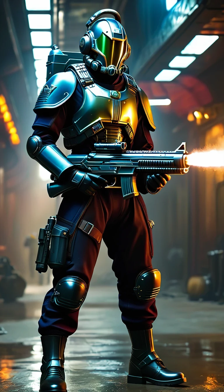 (Character Design), Science Fiction "District 9", (Full Body), Science Fiction "District 9" The main character of the science fiction novel "District 9", the intergalactic cowboy Qin Yu, is firing with a modern technological gun, wearing a black combat suit, with a dark blue sweater leaking out of the neckline (and underneath, a pair of dark cotton pants, and a pair of rounded cloth shoes for his feet). Wearing a worn-out overcoat, the combat suit is made of wear-resistant and waterproof material, the combat suit is equipped with bulletproof undershirt, helmet, goggles and other protective equipment, and is also equipped with pistols, rifles, grenades, medical kits, and other kinds of equipment and tools; his hair is very short, and the color of stalwartness comes through between his eyebrows, he is tall, with broad shoulders, and his skin is a healthy bronze color, with well-defined muscles, his eyes are deep and bright, and the color of stalwartness comes through between his eyebrows. Between them there was an aura of fortitude and courage. Qin Yu's features were three-dimensional and deep. His nose was high and straight, and his lips were well-defined, making him both tough and bold. His hair was short and thick, always meticulously combed, and in the background: the interstellar lands were devastated after the cataclysmic
 sci-fi,dark fantasy,impossible,visual exaggeration,nostalgiacore,post cyberpunk,futuristic,invasion,sci-fi,movie poster,image from the works of Wong Kar-Wai by Edward Curtis,intense atmosphere,high detail,ultra-high quality,high-resolution,trends on artstation,hi-definition,16K,depth-of-field (dof),cinematographic footage,film Lighting,